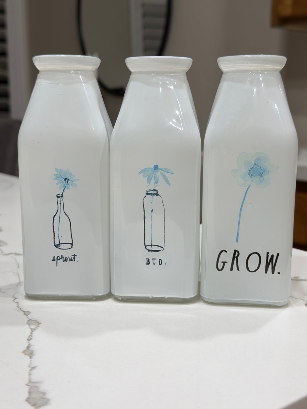 Set of 3 Rae Dunn "Sprout Bud Grow" Blue Floral Glass Milk Bottle Bud Vase Set